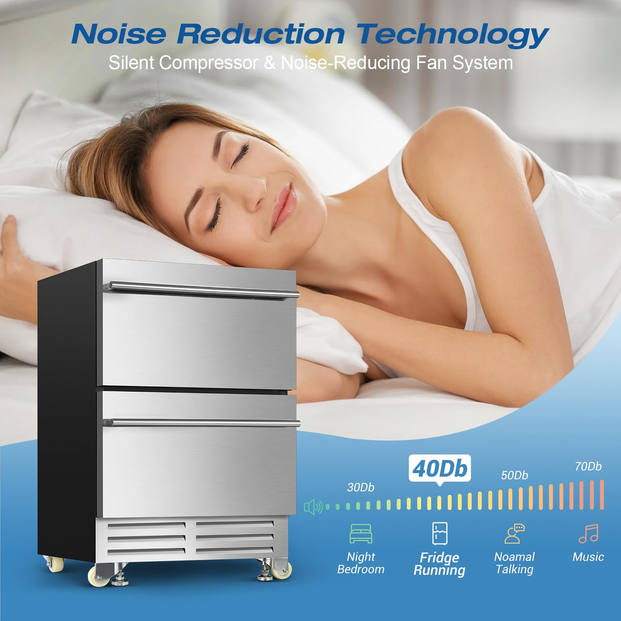 24 Inch Dual Drawer Fridge Under Counter, Stainless Steel Weather-Proof Design Outdoor Beverage Refrigerator for Patio, Freestanding or Built-In Installation, Ideal for Home and Commercial Use Velivi