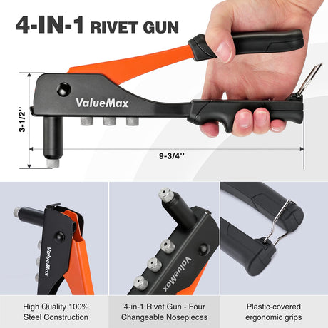 ValueMax 4-in-1 Hand Riveter/Rivet Gun, Pop Rivet Tool Kit with 200 Rivets - 3/32-inch, 1/8-inch, 5/32-inch, 3/16-inch, 4 Interchangeable Nosepieces, Suitable for Metal ValueMax