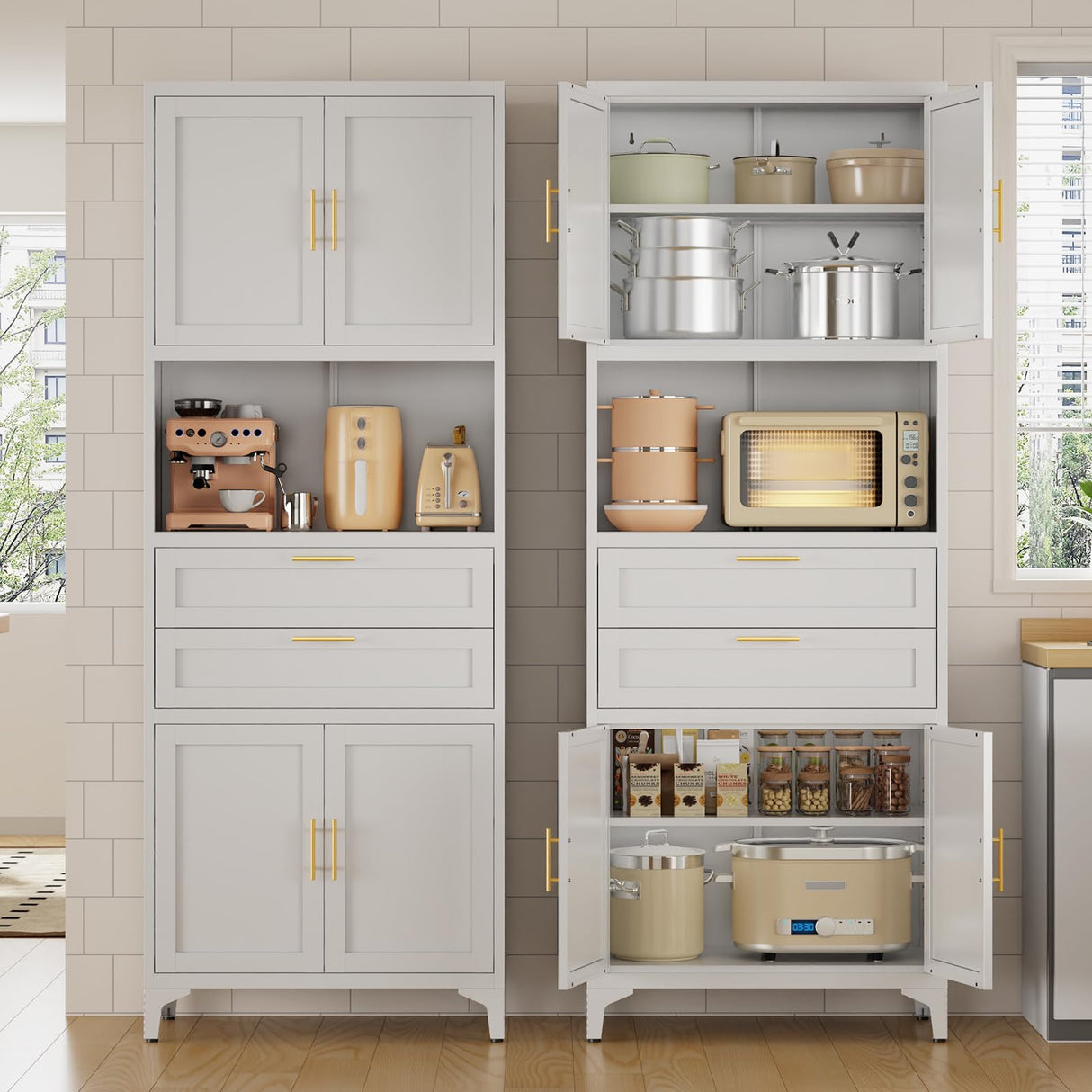 steelftyn 75" Pantry Storage Cabinet, Metal Storage Cabinet with 4 Doors, 2 Drawers, 3 Adjustable Shelves, White steelftyn