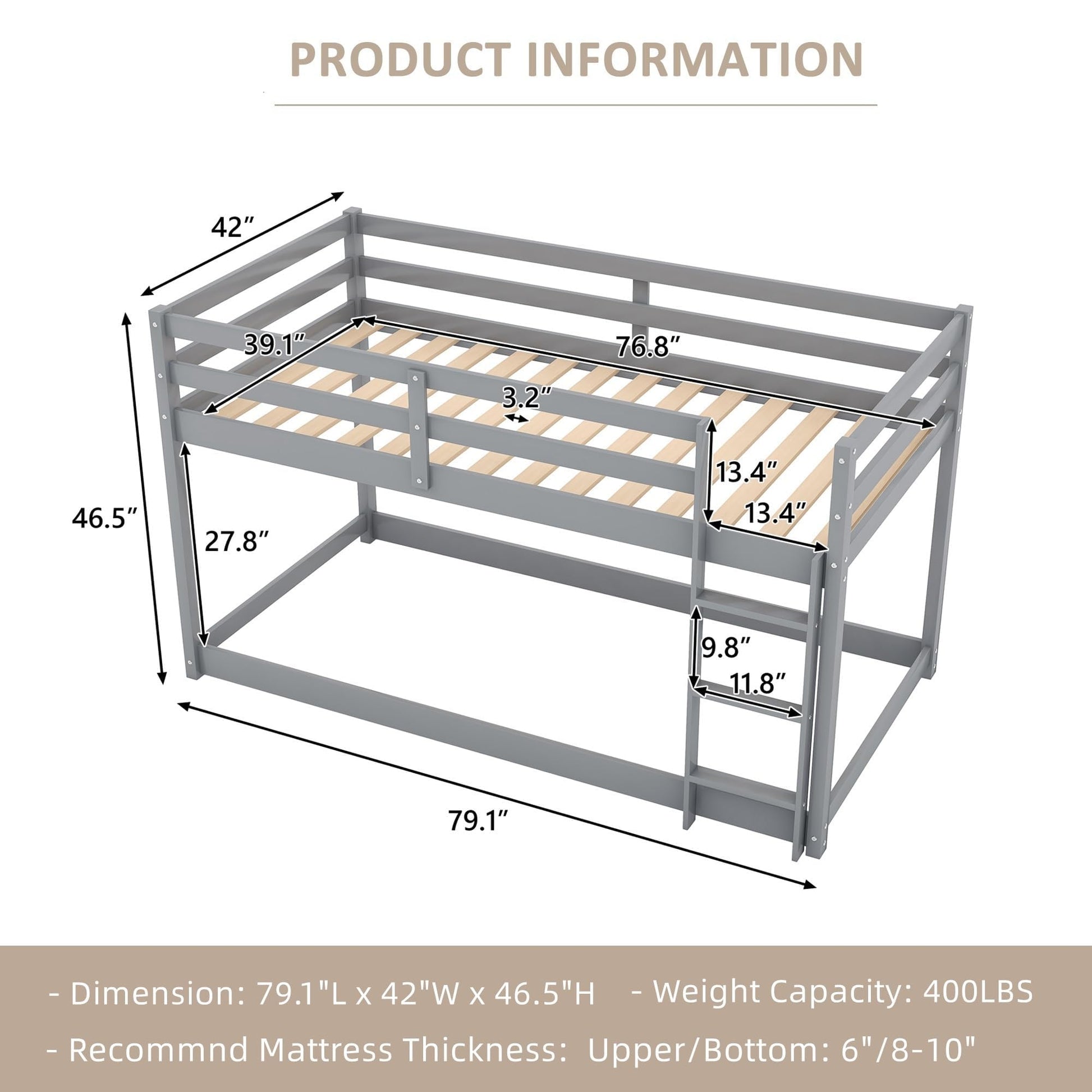 Majnesvon Low Bunk Bed Frame - Solid Wood Twin Over Twin with Integrated Ladder and Full Guardrails - WoodArtSupply