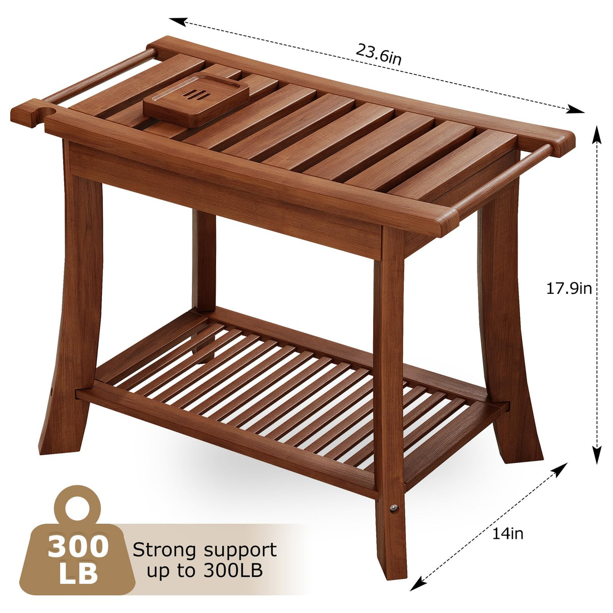 Teak Shower Bench, 24 Inch Teak Shower Stool 300lbs Wood Shower Chair Seat with Storage Shelf Towel Rack for Bathroom Indoor and Outdoor Use Homman