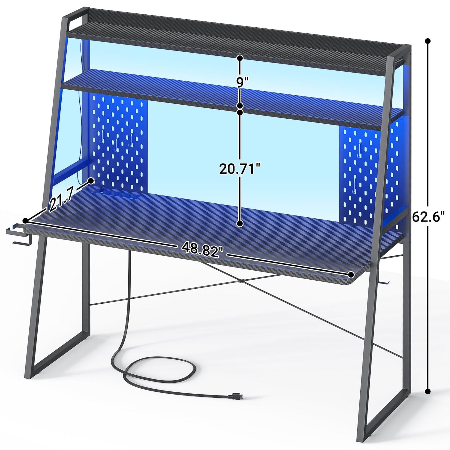 Besiost Gaming Desk with Hutch and LED Lights, Gaming Computer Desk with Power Outlets, Gamer Desk with Storage Shelves, PC Gaming Desk with Pegboards, for Bedroom, Carbon Fiber Black, 49"