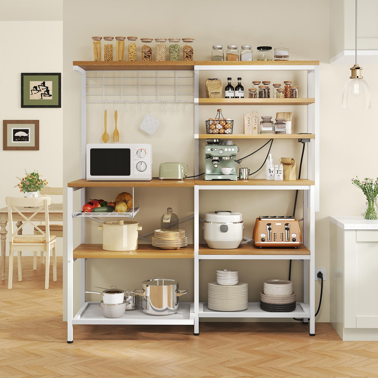 iabifo L-Shaped Bakers Rack with Power Outlet, 6-Tier Microwave Stand with Open Storage, Kitchen Shelf with Hooks, Coffee Bar with Wire Basket, White iabifo