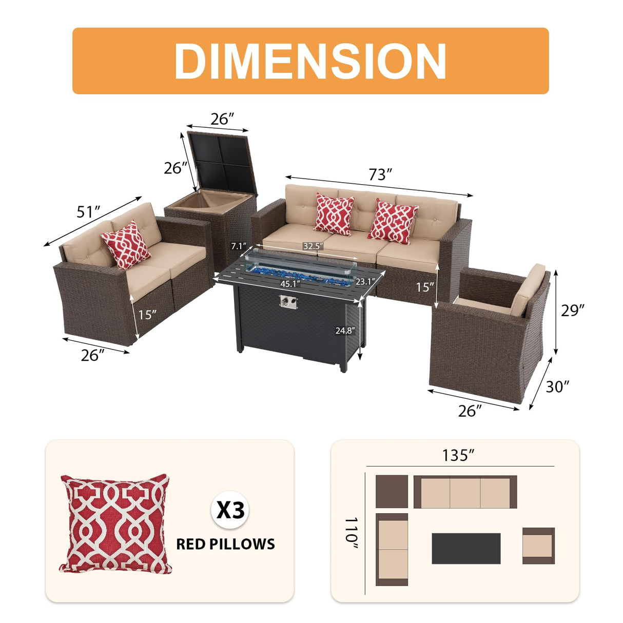 JOIVI 8 Pieces Patio Furniture Set with Fire Pit Table, Outdoor Sectional Conversation Set, Wicker Rattan Sofa Set with Storage Box for Garden, Poolside, Backyard, 3 Red Pillows Included, Brown JOIVI