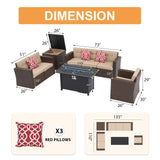 JOIVI 8 Pieces Patio Furniture Set with Fire Pit Table, Outdoor Sectional Conversation Set, Wicker Rattan Sofa Set with Storage Box for Garden, Poolside, Backyard, 3 Red Pillows Included, Brown JOIVI