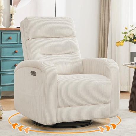 AEMEIOS Power Nursery Swivel Recliner, Electric Rocking Recliner with USB and Type-C Port, Swivel Glider Nursery Recliners for Living Room,Corduroy White AEMEIOS