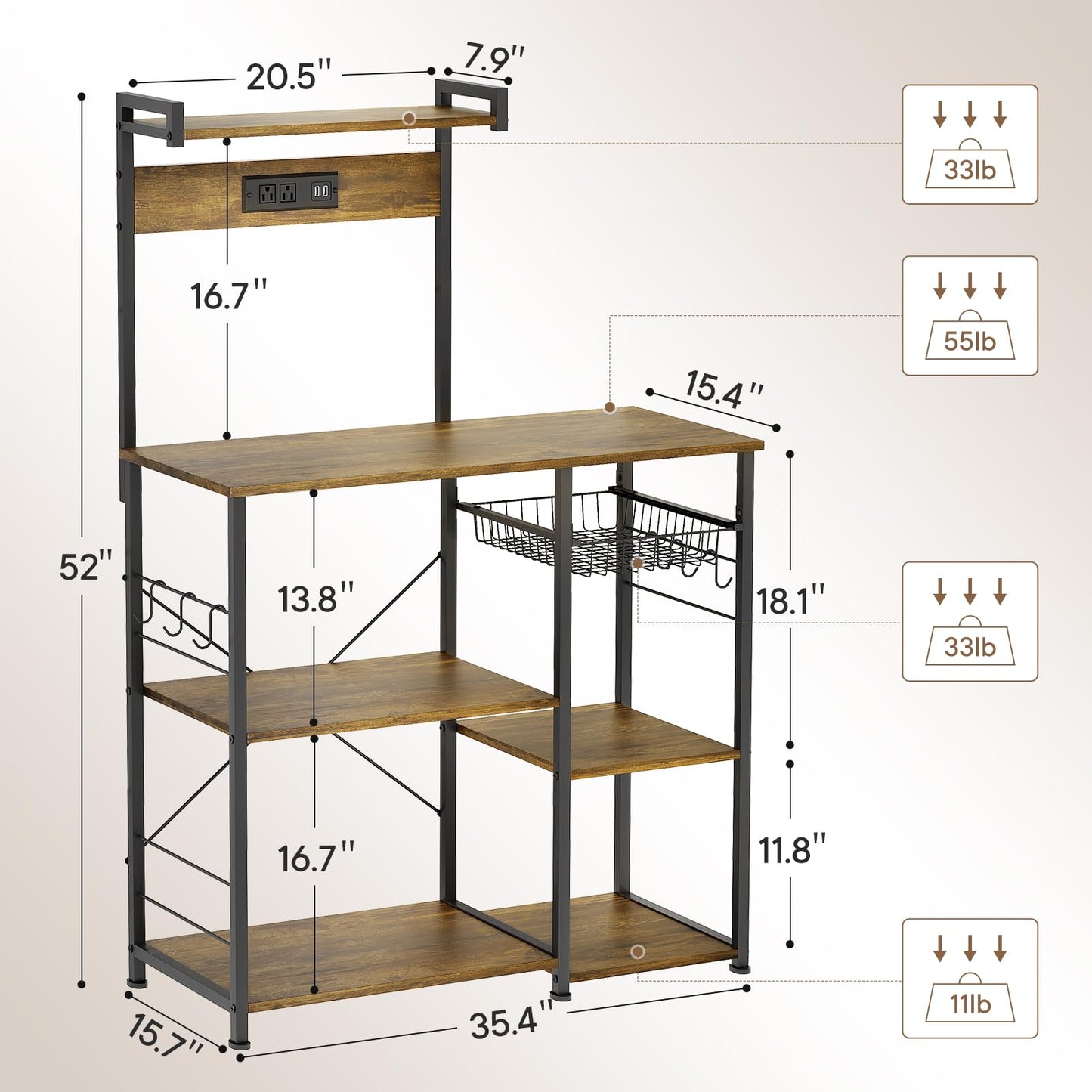 ZERDER Bakers Rack with Power Outlets and 2 USB Ports, Utility Microwave Stand, Kitchen Storage Rack with 6 S-Shaped Hooks, Kitchen Shelves, Rustic Brown