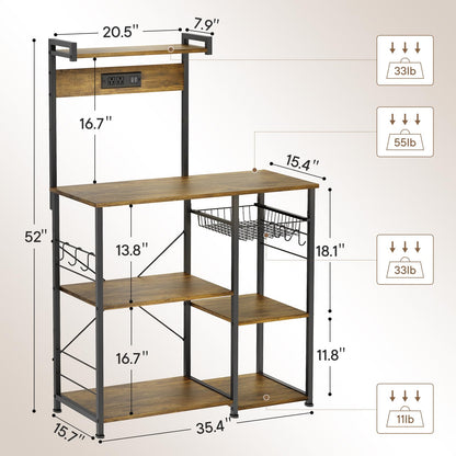 ZERDER Bakers Rack with Power Outlets and 2 USB Ports, Utility Microwave Stand, Kitchen Storage Rack with 6 S-Shaped Hooks, Kitchen Shelves, Rustic Brown