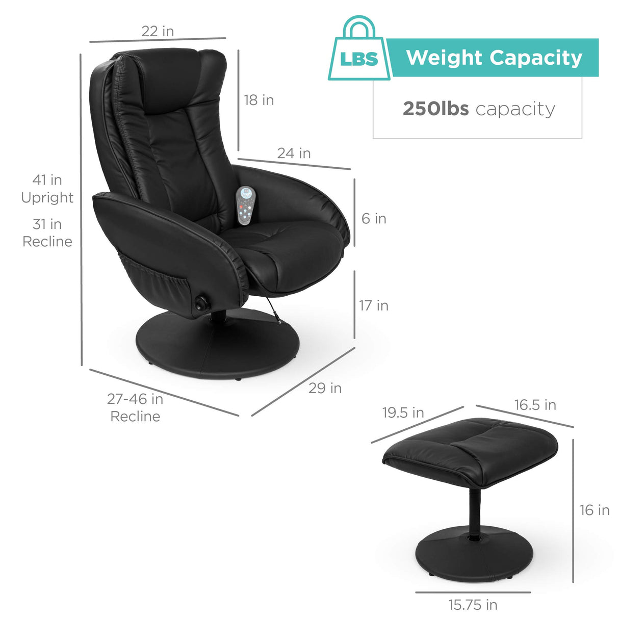 Best Choice Products Faux Leather Electric Massage Recliner w/Stool Footrest Ottoman, Remote Control, 5 Heat & Massage Modes, Side Pockets - Black Best Choice Products