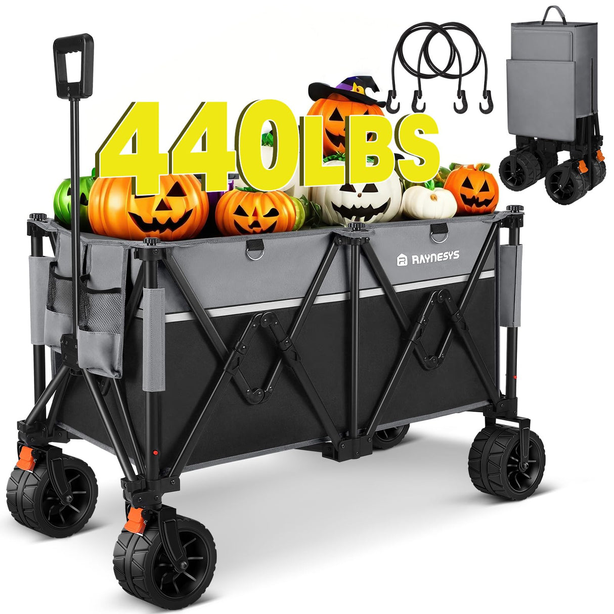 Collapsible Foldable Wagons, 440 lbs Weight Capacity Beach Wagon with Big All-Terrain Wheels, Heavy Duty Foldable Wagon,Utility Wagon Carts for Outdoor, Sports, Shopping, Camping, Black & Gray Raynesys