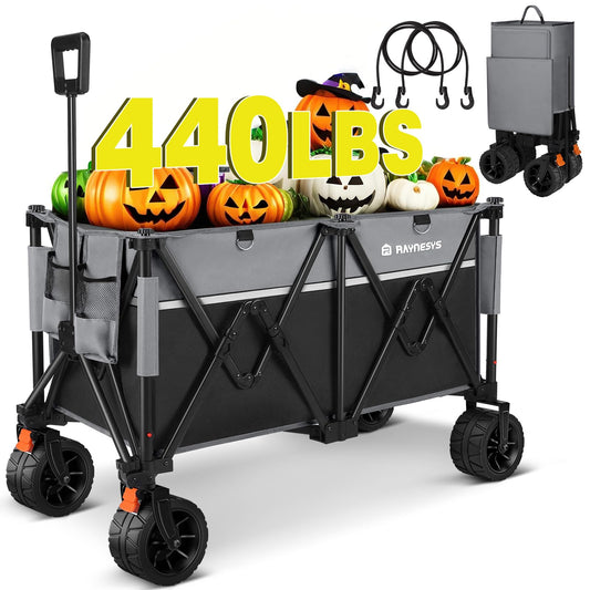 Collapsible Foldable Wagons, 440 lbs Weight Capacity Beach Wagon with Big All-Terrain Wheels, Heavy Duty Foldable Wagon,Utility Wagon Carts for Outdoor, Sports, Shopping, Camping, Black & Gray