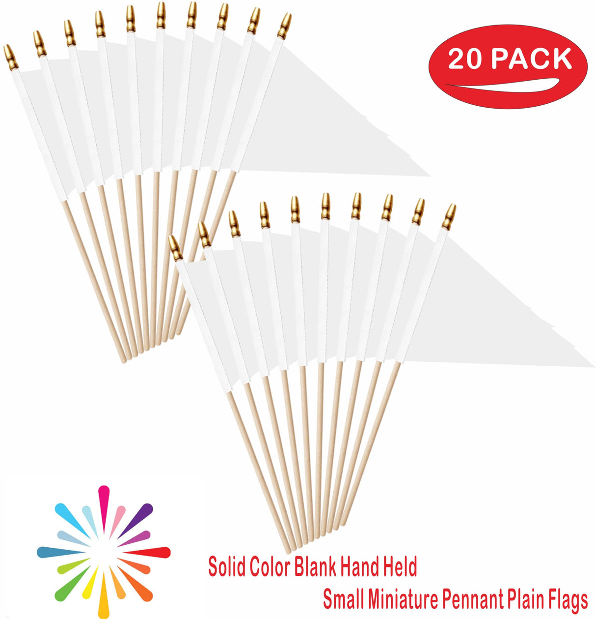 LUSEOAN 20 Pack White Mini Pennant Wood Stick Sublimation Flag Set - 5x8 Inch Solid Color Blank Hand Held Small Miniature Triangle Plain Flags for DIY Graffiti,School,Kids Birthday,Grand Opening LUSEOAN