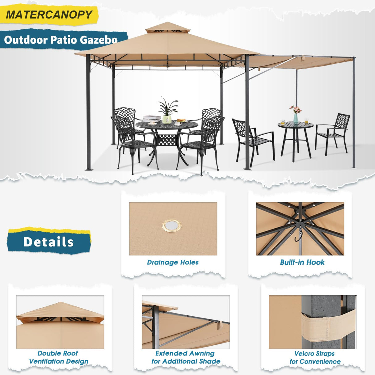 MASTERCANOPY 11 x 11 Patio Gazebo with Extra Side Awning Outdoor Gazebo for for Backyard Garden Lawn,Beige MASTERCANOPY