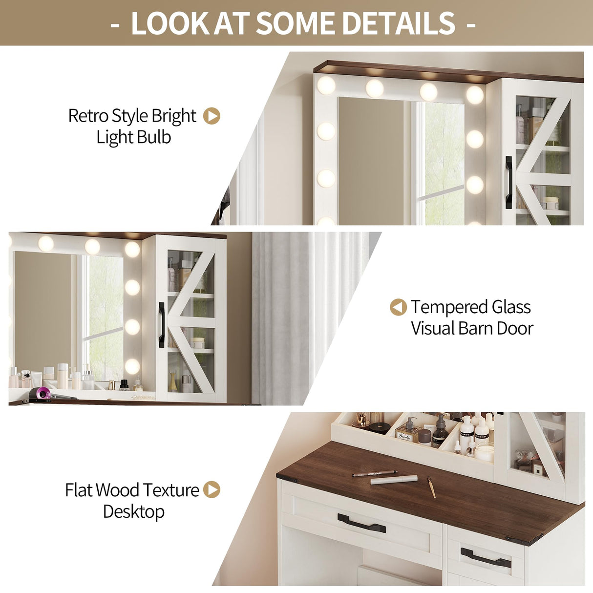 NEDYO Vanity with Mirror and Lights, Farmhouse Vanity Desk, Makeup Vanity Table Set, Small Wood Vanity with Chair, Vintage Large Light Bulbs Dimmable Mirror, Shelves and Drawers. White NEDYO