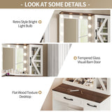 NEDYO Vanity with Mirror and Lights, Farmhouse Vanity Desk, Makeup Vanity Table Set, Small Wood Vanity with Chair, Vintage Large Light Bulbs Dimmable Mirror, Shelves and Drawers. White NEDYO