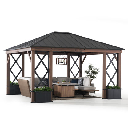 Sunjoy 13 ft. x 15 ft. Hardtop Gazebo, Outdoor Black Steel Roof Gazebo Aluminum Framed Gazebo with Planters and Ceiling Hook for Patio, Garden, and Backyard Activities by SummerCove - WoodArtSupply