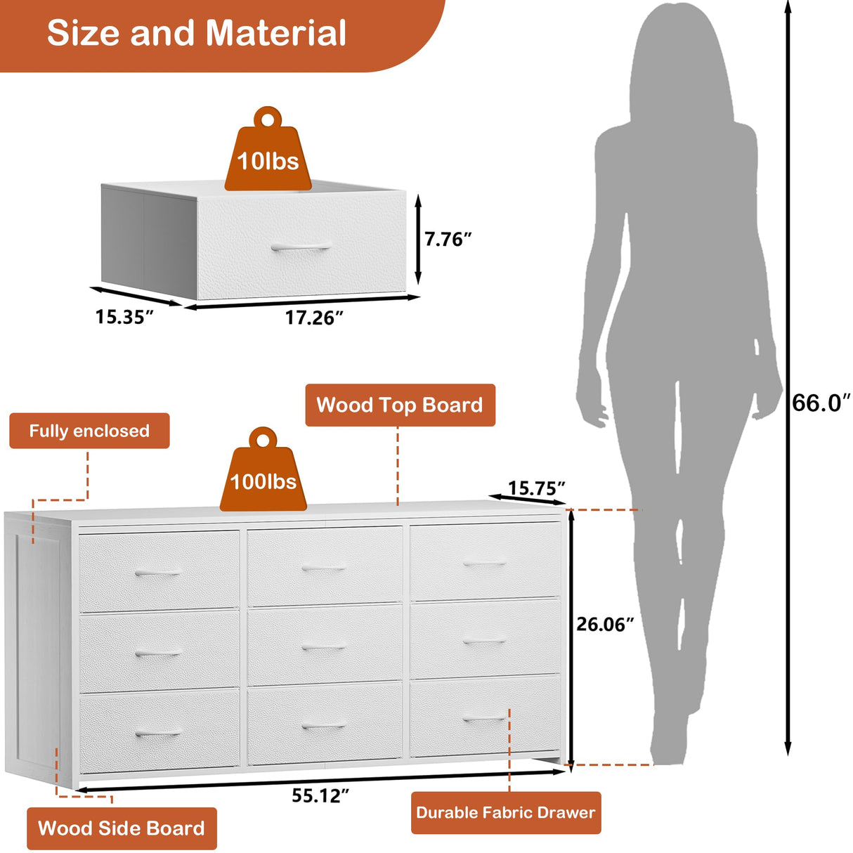 OURPIC Dresser for Bedroom with 9 Drawers, 55 Inch White Dresser TV Stand for 55, 60, 65 Inch TV, Wood Top and Side, Fabric Drawers, Storage, Dressers for Closet, Living Room, Hallway, Entryway OURPIC
