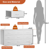 OURPIC Dresser for Bedroom with 9 Drawers, 55 Inch White Dresser TV Stand for 55, 60, 65 Inch TV, Wood Top and Side, Fabric Drawers, Storage, Dressers for Closet, Living Room, Hallway, Entryway OURPIC