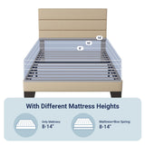 Allewie Twin Size Platform Bed Frame with Fabric Upholstered Headboard and Wooden Slats Support, Fully Upholstered Mattress Foundation/No Box Spring Needed/Easy Assembly, Beige Allewie