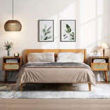 JOINICE Night Stand Set 2, Mid Century Modern Bedside Table with Charging Station & Rattan Decor Drawer, Boho End Table with Storage & Solid Wood Feet for Bedroom, Cherry JOINICE