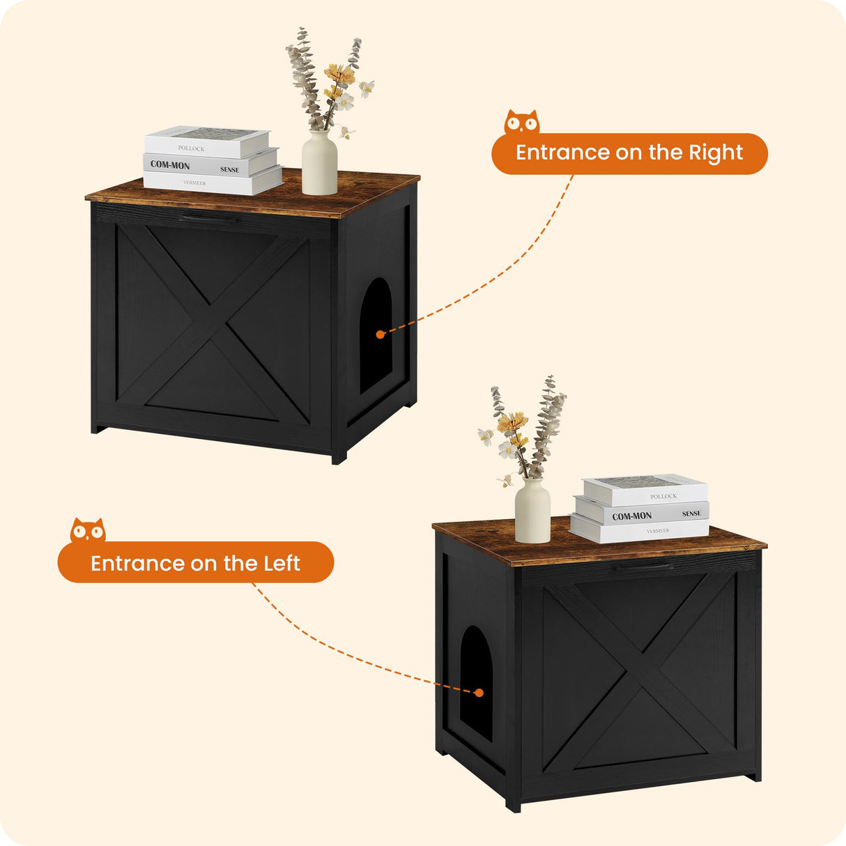 DWANTON Cat Litter Box Furniture Hidden, Cat Litter Box Enclosure, Reversible Entrance Can Be on Left or Right Side, Indoor Cabinet, Wooden Washroom, Nightstand, Black and Rustic Brown, 23.6" L Dwanton