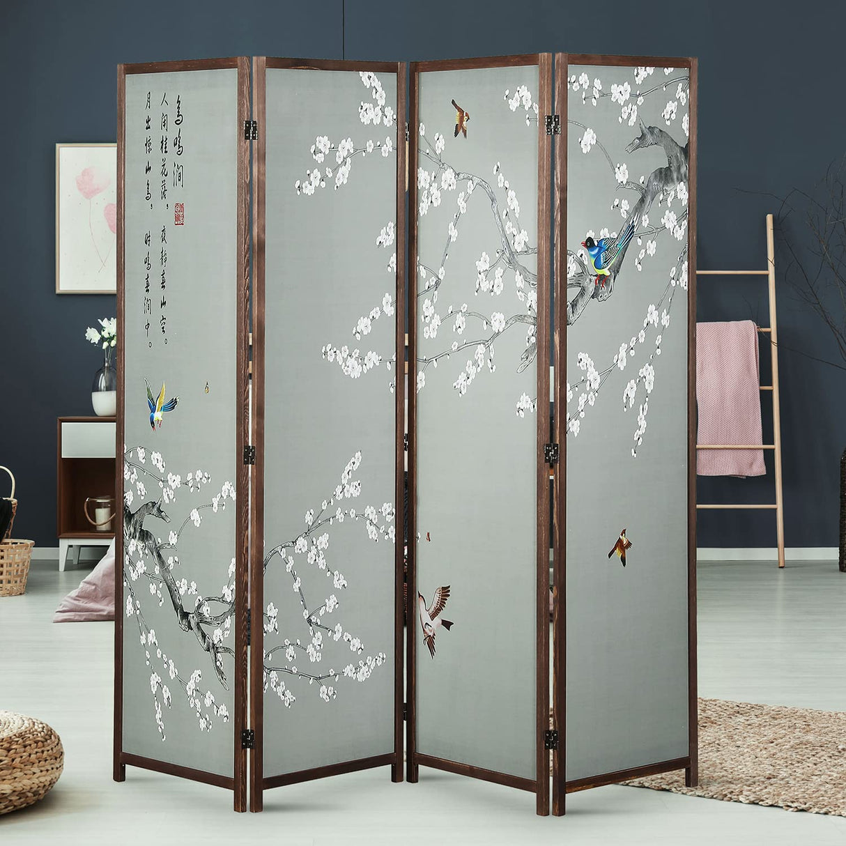MyGift 4-Panel Asian-Inspired Folding Room Divider with Cherry Blossom Tree & Bird Design Poetry Calligraphy and Brown Wooden Frame MyGift