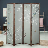 MyGift 4-Panel Asian-Inspired Folding Room Divider with Cherry Blossom Tree & Bird Design Poetry Calligraphy and Brown Wooden Frame MyGift