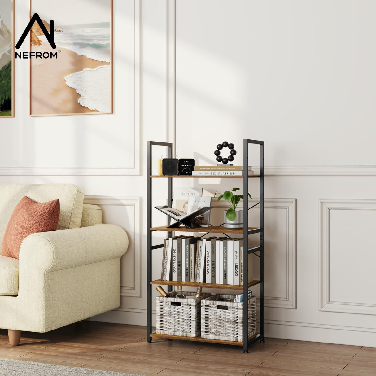 NEFROM Book Shelf, Adjustable 4-Tier Tall Bookshelf, Wooden Bookcase Shelves for Bedroom, Living Room, Display Shelf for Home, Office, Kitchen, Standing Shelving Unit Storage Organizer BC-BR-4 NEFROM