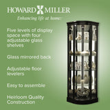 Howard Miller Marlowe II Corner Curio Cabinet, Long Heighted Showcase Black Finish Adjustable Shelves & Levelers, Illuminated Interior Lightning Perfect for Living Room Office and Room Decor Howard Miller