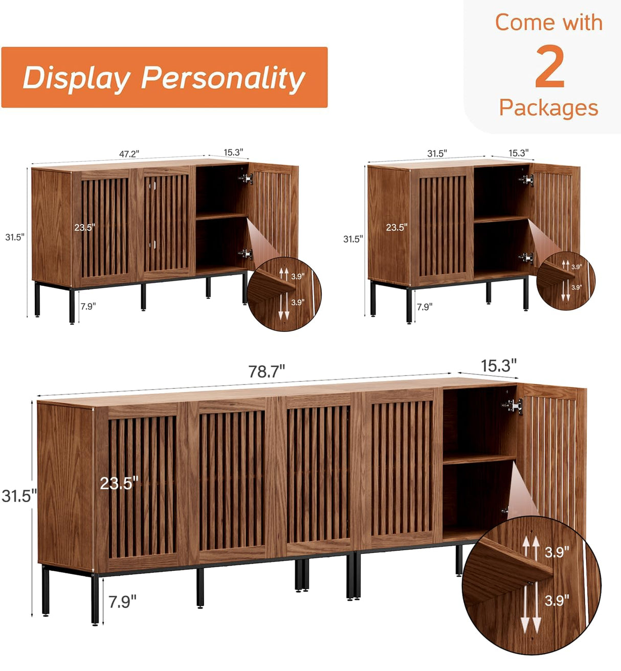 BVIUNTWO Farmhouse TV Stand for TVs up to 85 inch, 2 in 1 Entertainment Center TV Console with Metal Base & Storage Cabinets,Media Console for Living Room, Dark Brown BVIUNTWO