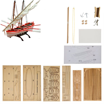 GAWEGM Ship Model - Whole Ribbed Double Mast Fishing Boat with Metal Accessories