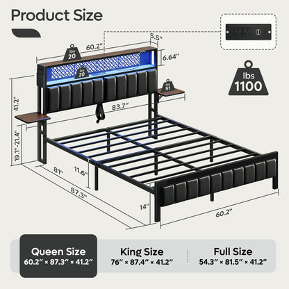 Bestier Queen Bed Frame with Upholstered Headboard, Charging Station & LED Lights - Walnut - WoodArtSupply