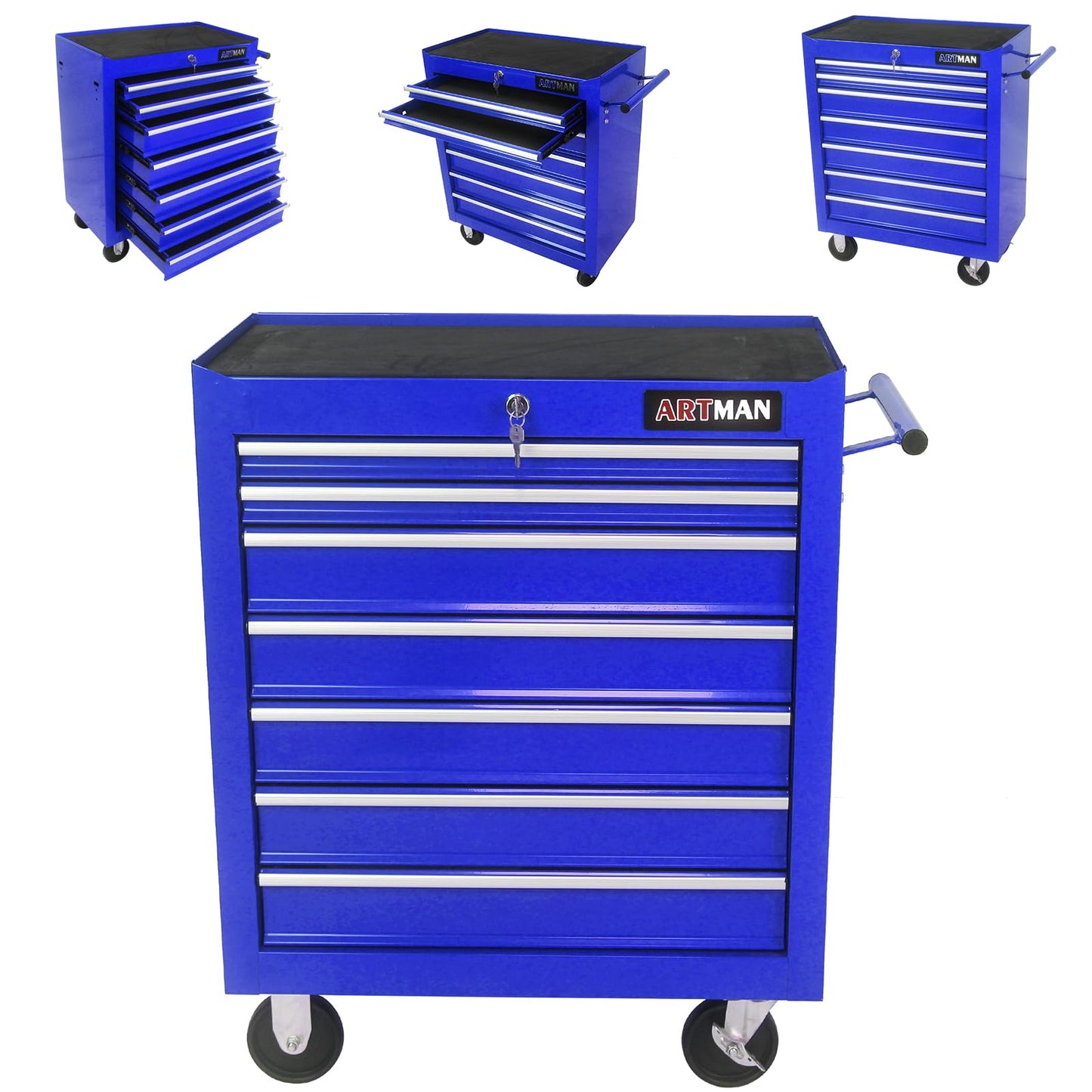 SumKea 7 Drawer Tool Cart, with Key Locking and Parking Brake, Suitable for Garages, Warehouses, Workshops, Repair Shops Tool Chest with Drawers, Blue - WoodArtSupply