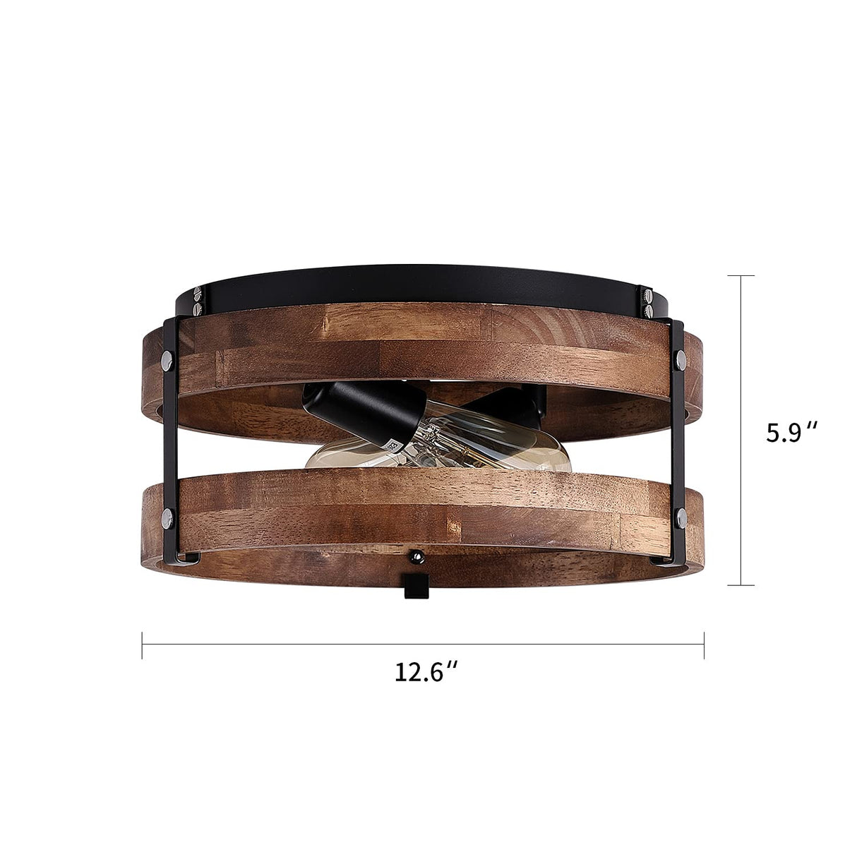 2-Light Rustic Flush Mount Light Fixture Oak Wood Round Drum Semi Flush Mount Ceiling Light for Hallway Bedroom Kitchen Entryway Farmhouse, Black Fivess Lighting