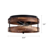 2-Light Rustic Flush Mount Light Fixture Oak Wood Round Drum Semi Flush Mount Ceiling Light for Hallway Bedroom Kitchen Entryway Farmhouse, Black Fivess Lighting