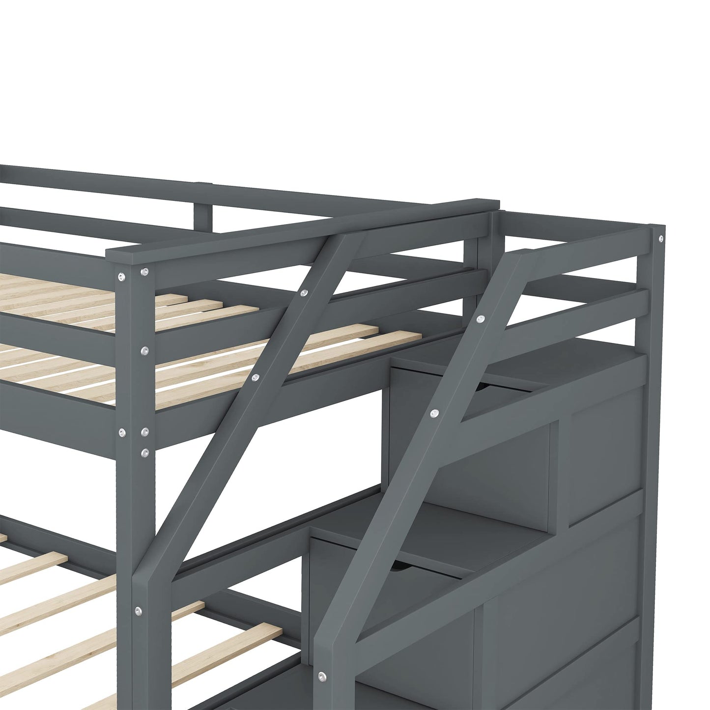 Twin-Over-Twin Bunk Bed with Trundle Bed, Wood Bunk Bed Frame with 3 Storage Stairs and Guard Rail, Space-Saving Design (Grey)