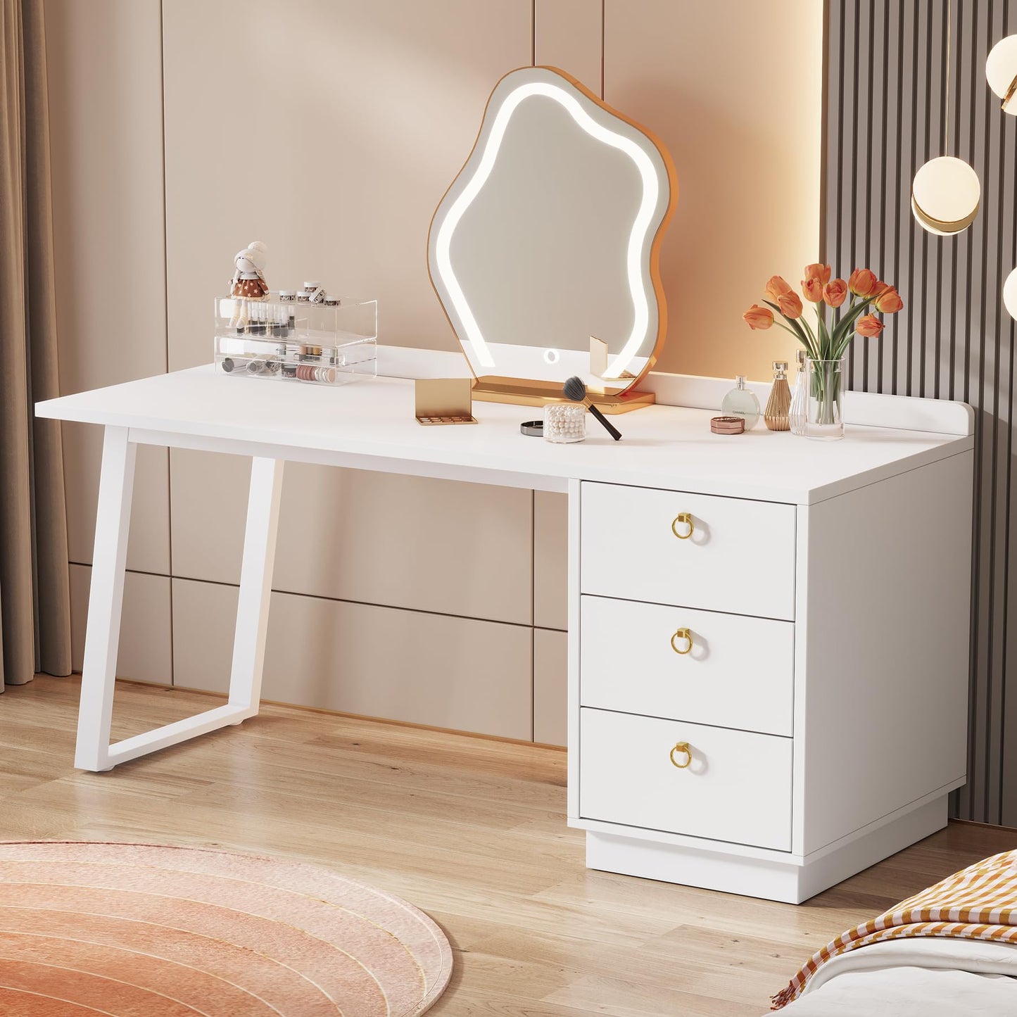 Tribesigns White Makeup Vanity Desk: Modern 55 Inches Vanity Table with 3 Drawers, Corner Wood Dressing Table Make Up Vanity, White and Gold Girls Women Vanity for Bedroom, No Mirror