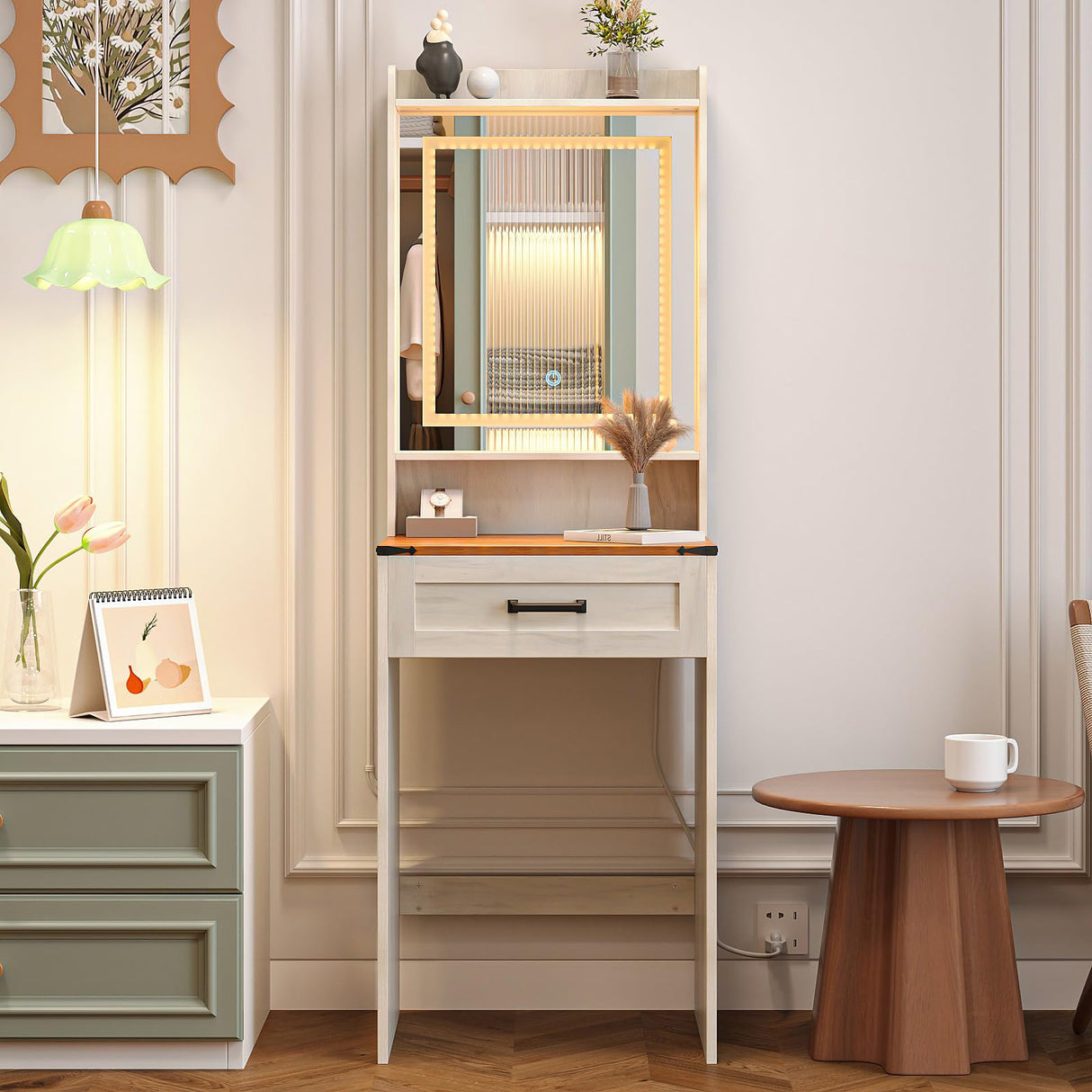 Trironsun Small Farmhouse Makeup Vanity Desk with 3 Adjustable Lighted Mirror Narrow Vanity Table with Storage Drawer White Thin Dressing Table for Bedroom Small Space Trironsun