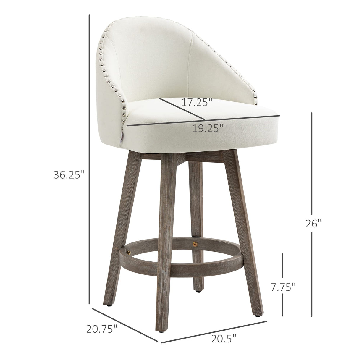 HOMCOM 26" Counter Height Bar Stools, Linen Fabric Kitchen Stools with Nailhead Trim, Rubber Wood Legs and Footrest for Dining Room, Counter, Pub, Set of 2, Cream White HOMCOM