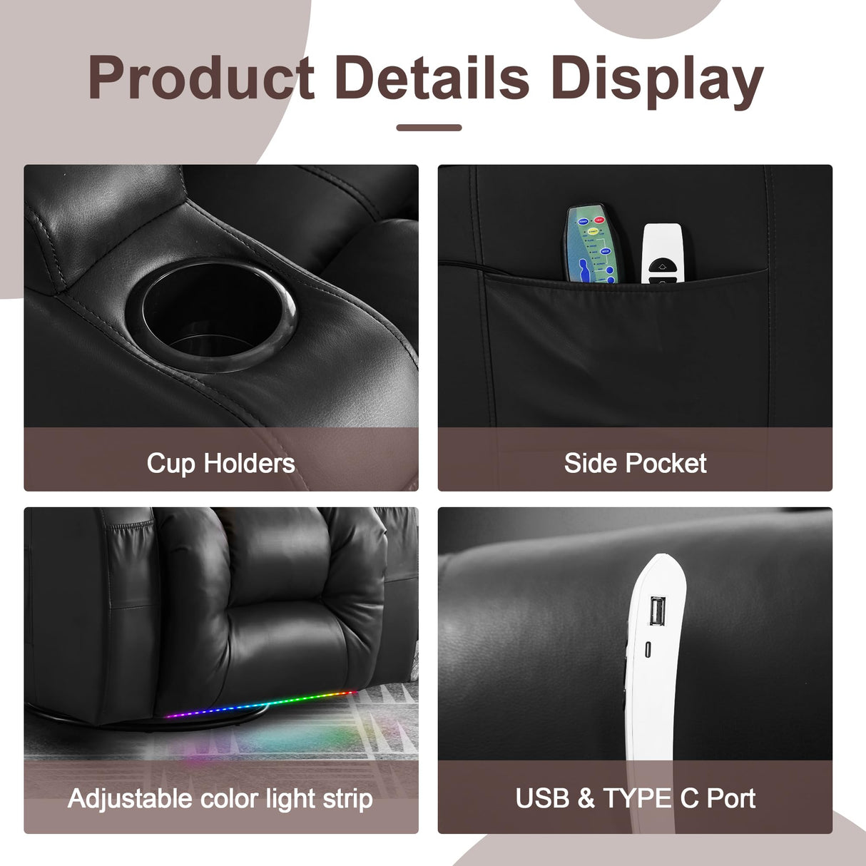 TUNYI Power Recliner Chair - Faux Leather Home Theater Seating Glider Reclining Sofa with Massage & Heat Swivel Rocker Recliner Chair for Living Room with LED Light/USB Port/Lumbar Pillow (Black) TUNYI