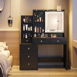 Vabches Vanity Desk with Mirror and Lights,Makeup Vanity with 6 Drawers and Shelves,Vanity Table with Power Outlet,Makeup Desk with Led Lighted Mirror in 3 Colors,for Bedroom,Black Vabches