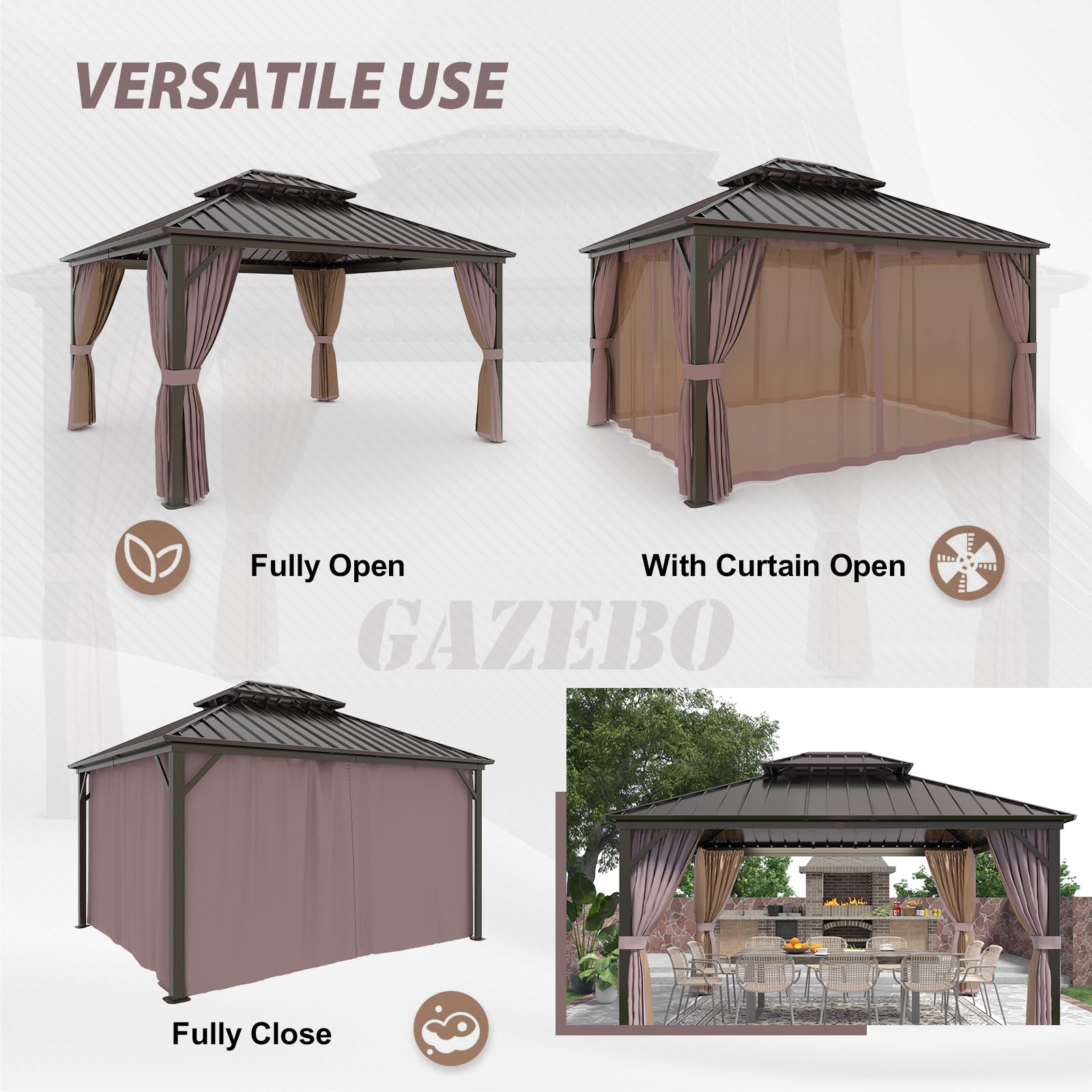 EAGLE PEAK 12x14 Hardtop Aluminum Gazebo, Outdoor Aluminum Frame Pavilion with Netting and Curtains, Galvanized Steel Double Roof, for Patio, Deck, Backyard, Garden, Brown - WoodArtSupply