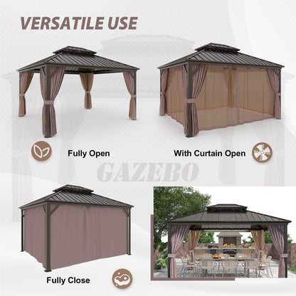 EAGLE PEAK 12x14 Hardtop Aluminum Gazebo, Outdoor Aluminum Frame Pavilion with Netting and Curtains, Galvanized Steel Double Roof, for Patio, Deck, Backyard, Garden, Brown - WoodArtSupply