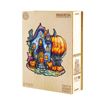 Wooden Puzzles for Adults, Halloween Pumpkin House Wooden Puzzles, Unique Shape Wood Puzzles Adults with Wood Box, Halloween Puzzles Gift for Friends Family Kids(S-8.5"x8.1" 100pcs)