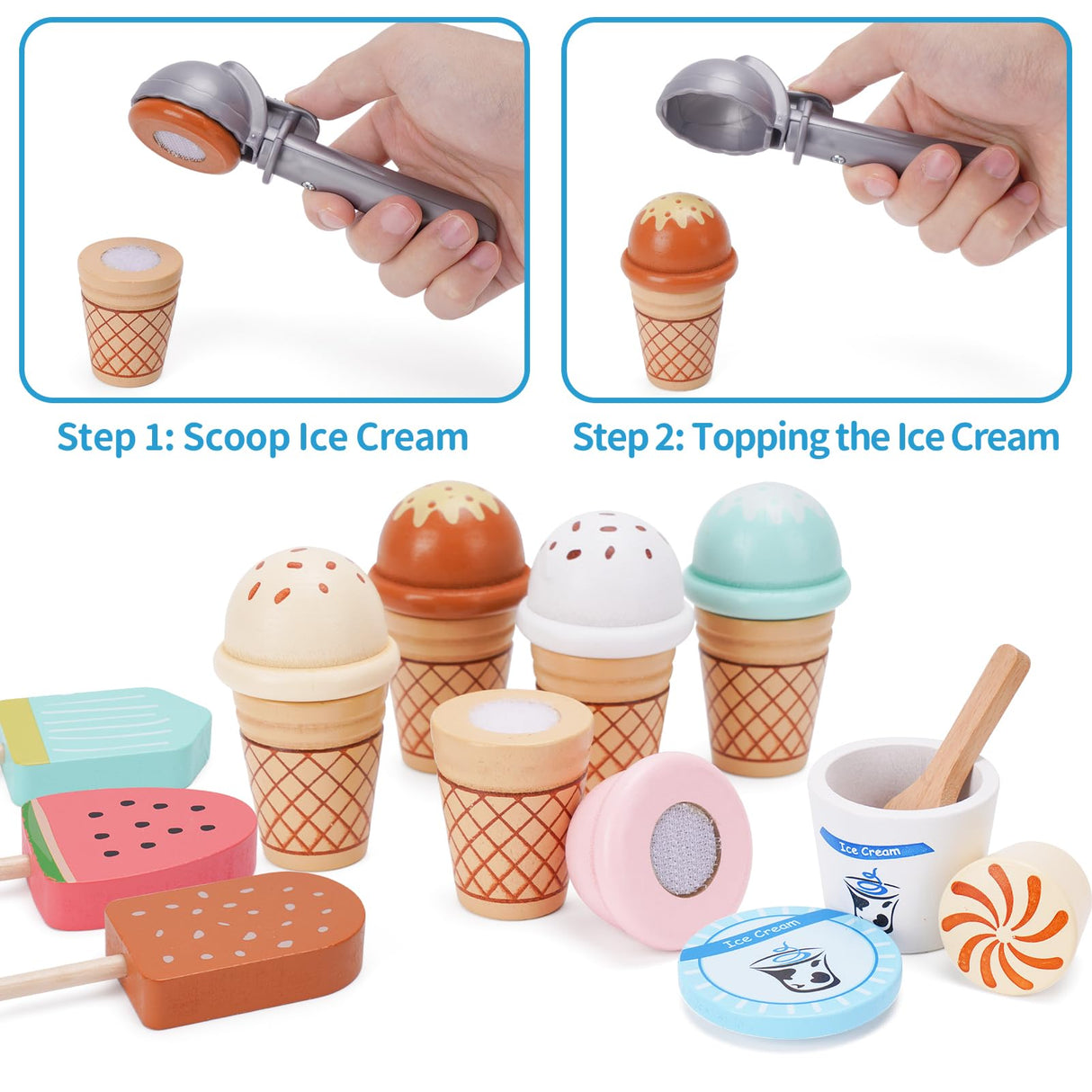 Wooden Ice Cream Counter Playset for Kids, Toddler Girl Toys Kitchen Playset Pretend Play Gifts for 3 4 5 6 Year Old Girl or Boy, Play Food Scoop and Serve, Play Kitchen Sets for Kids Ages 4-8 Melofaver
