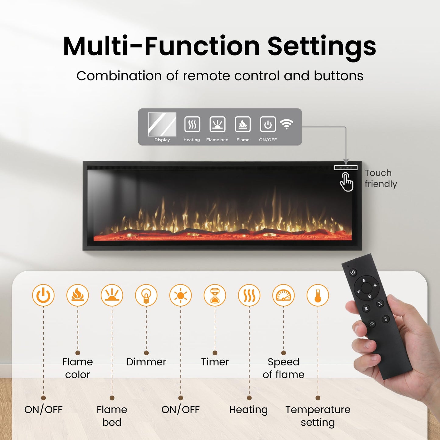 PHI VILLA 60" Electric Fireplace Wall Mounted, in Wall Recessed Fireplace Electric with Crystal, Fake Charcoal & Log Sets for Indoor, Remote Control, 750W/1500W, Timer, Ultra-Narrow Bezel