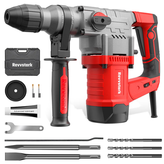 Rotary Hammer Drill, Revvstark 13 Amp 1-1/4 Inch SDS-Plus Heavy Duty Rotary Hammer Drill Powerful, Safety Clutch 4 Functions, Vibration Control Including Grease, Chisels, Drill Bits and Case - WoodArtSupply