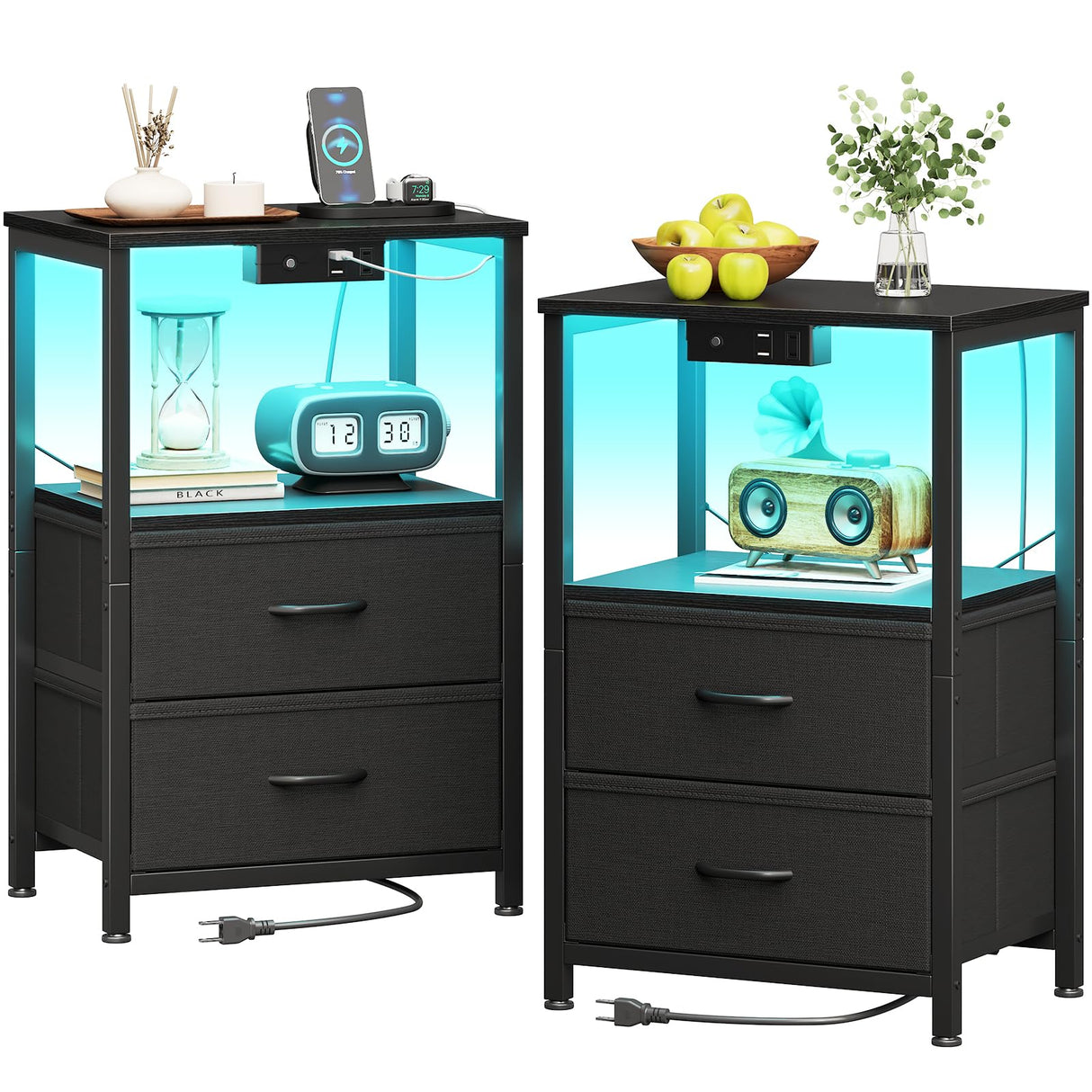 Casaottima Nightstand Set of 2 with Charger Station — USB Ports & Outlet, Bed SideTable with LED Lights, End Table with Fabric Drawers and Open Shelf, Bedside Table Night Stand for Bedroom, Black Casaottima