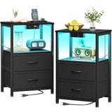 Casaottima Nightstand Set of 2 with Charger Station — USB Ports & Outlet, Bed SideTable with LED Lights, End Table with Fabric Drawers and Open Shelf, Bedside Table Night Stand for Bedroom, Black Casaottima