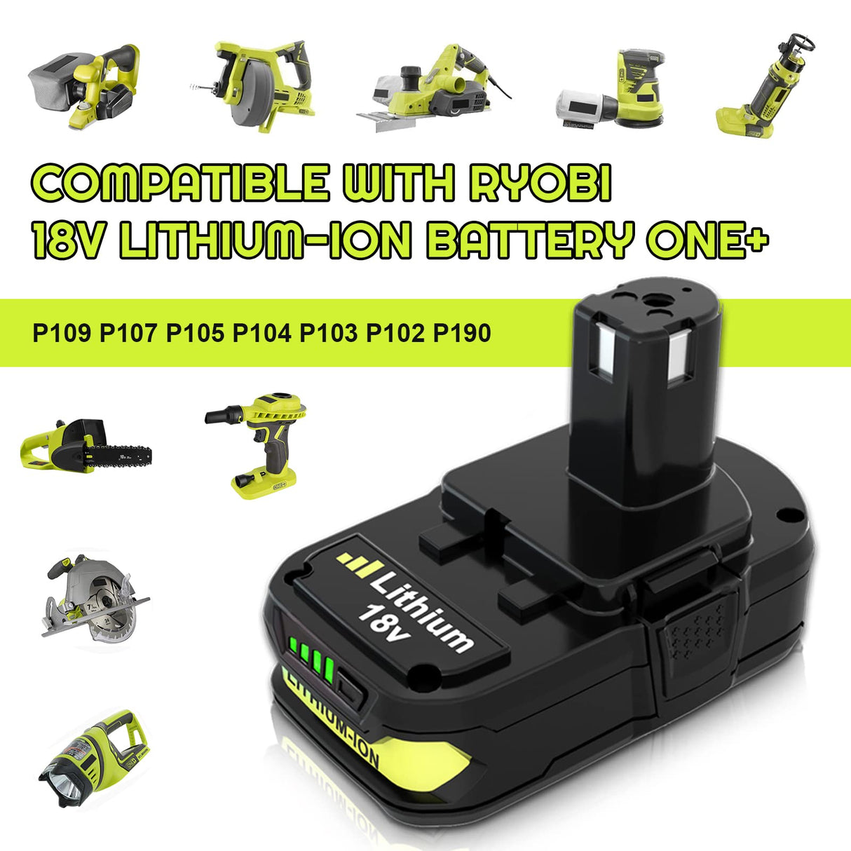 2-Pack 3.0Ah Replacement Battery and Charger Compatible with Ryobi 18V Lithium Battery P102 P103 P104 P105 P107 P109 P108 P190 P122 Boetpcr